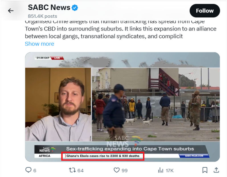 South Africa’s public broadcaster falsely attributes Ebola deaths to Ghana: Here is all you need to know South Africa’s public broadcaster falsely attributes Ebola deaths to Ghana: Here is all you need to know