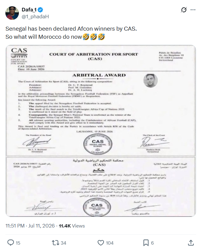 ‘No official decision’ - Court of Arbitration for Sport debunks ‘social media ruling’ declaring Senegal 2025 AFCON winners ‘No official decision’ - Court of Arbitration for Sport debunks ‘social media ruling’ declaring Senegal 2025 AFCON winners
