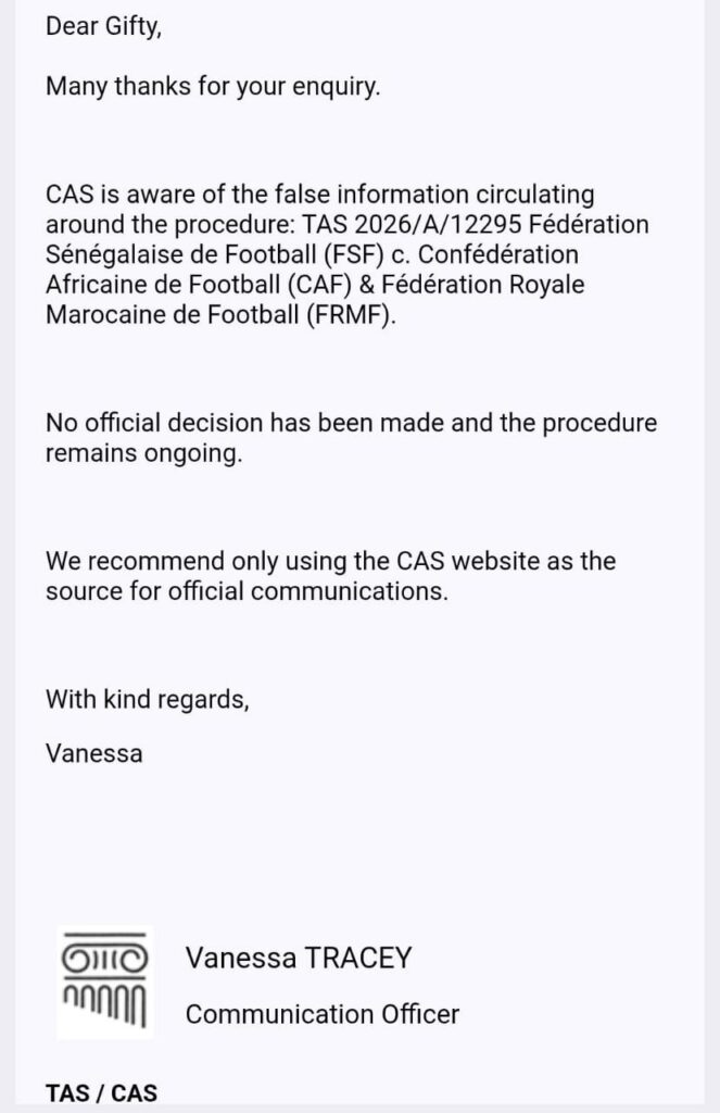 ‘No official decision’ - Court of Arbitration for Sport debunks ‘social media ruling’ declaring Senegal 2025 AFCON winners ‘No official decision’ - Court of Arbitration for Sport debunks ‘social media ruling’ declaring Senegal 2025 AFCON winners