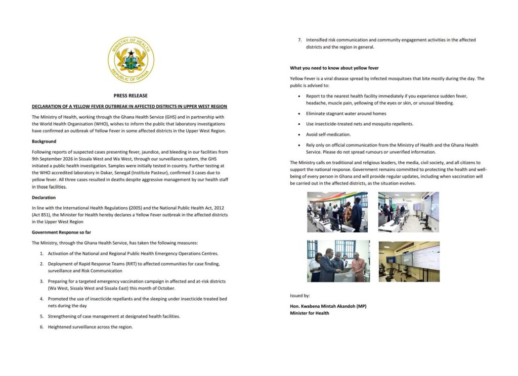 Ministry of Health declares Yellow Fever outbreak in Upper West Region
